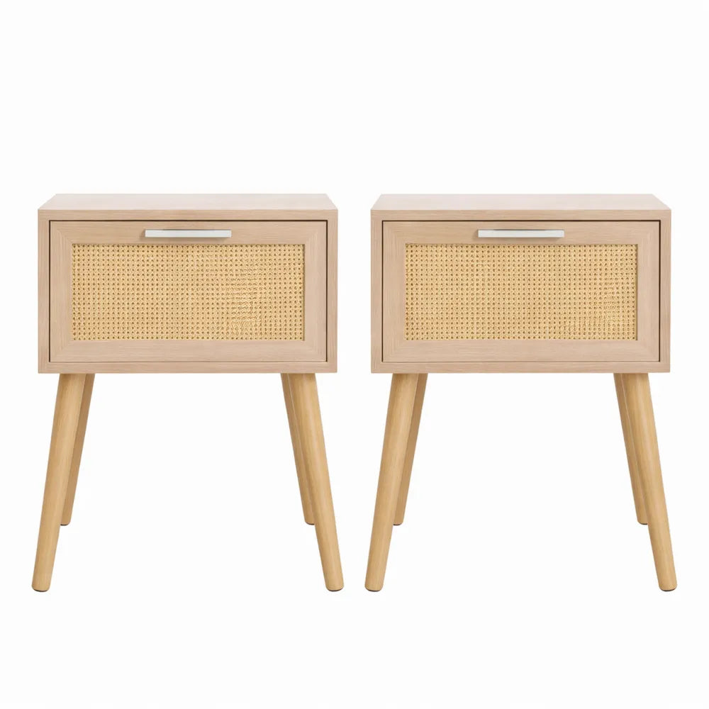 Paire de tables de chevet avec rangement en rotin et tiroir magnétique