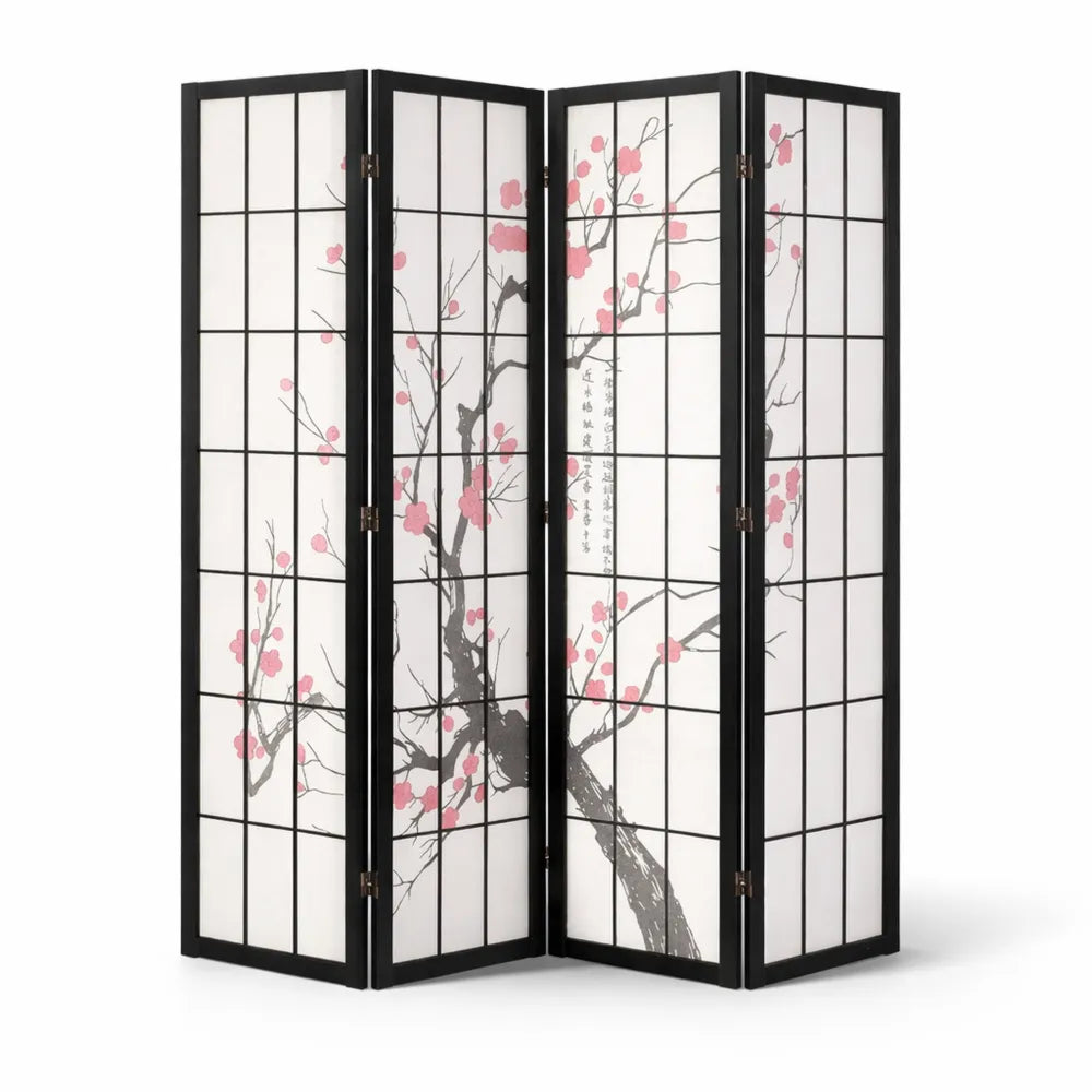 Paravent Pliable en Bois à 4 Panneaux, Motif Fleurs de Cerisier, pour Maison et Bureau