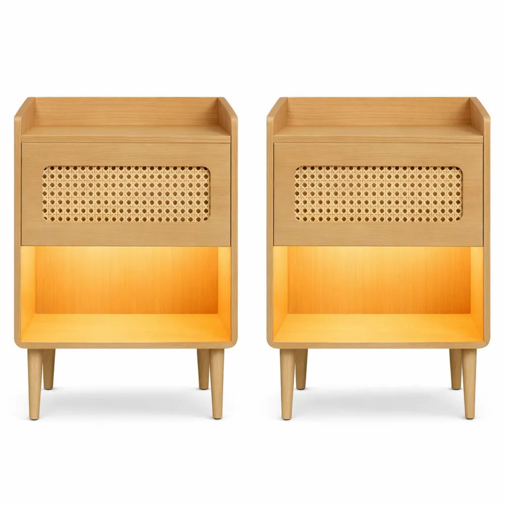Ensemble de 2 tables de chevet avec lumière et multiprise