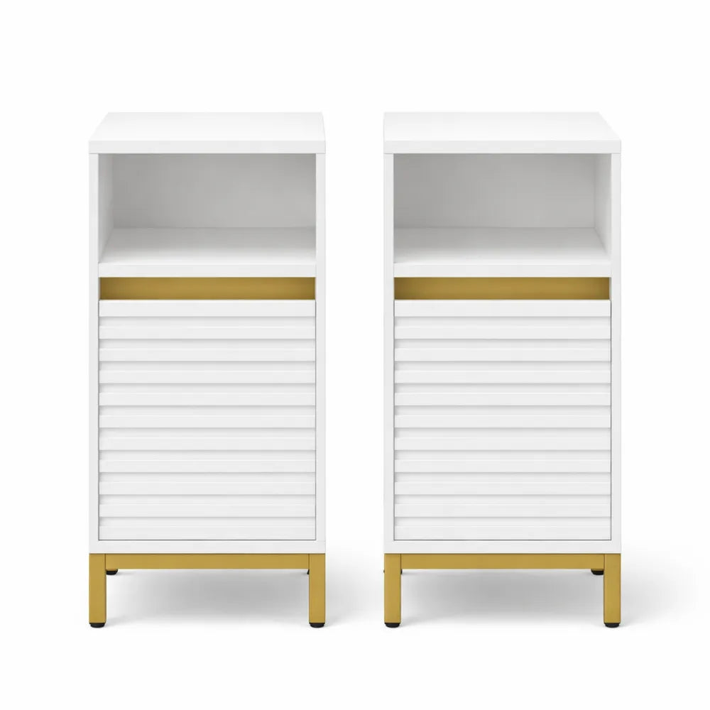 Table de Nuit avec Éclairage LED et Ports USB, Lot de 2, Blanc et Or