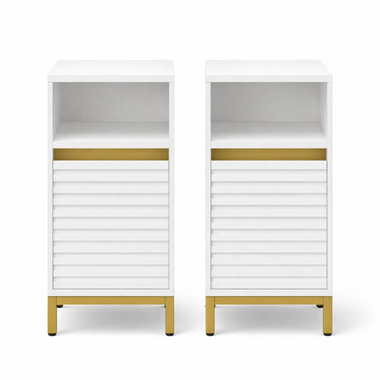 Table de Nuit avec Éclairage LED et Ports USB, Lot de 2, Blanc et Or