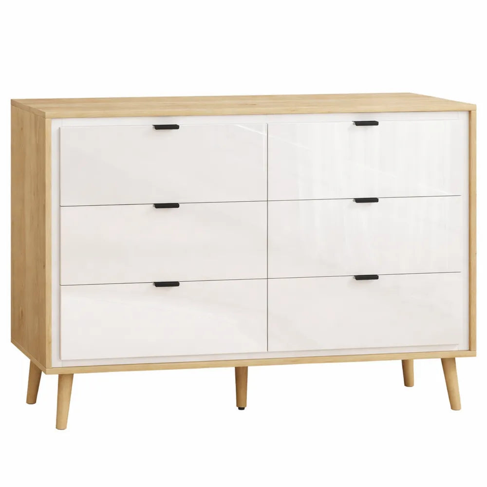 Commode Haute Brillance 6 Tiroirs pour Intérieur Moderne, Blanc et Chêne
