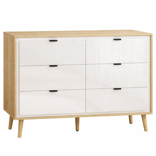 Commode Haute Brillance 6 Tiroirs pour Intérieur Moderne, Blanc et Chêne