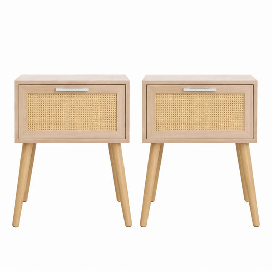 Paire de tables de chevet avec rangement en rotin et tiroir magnétique