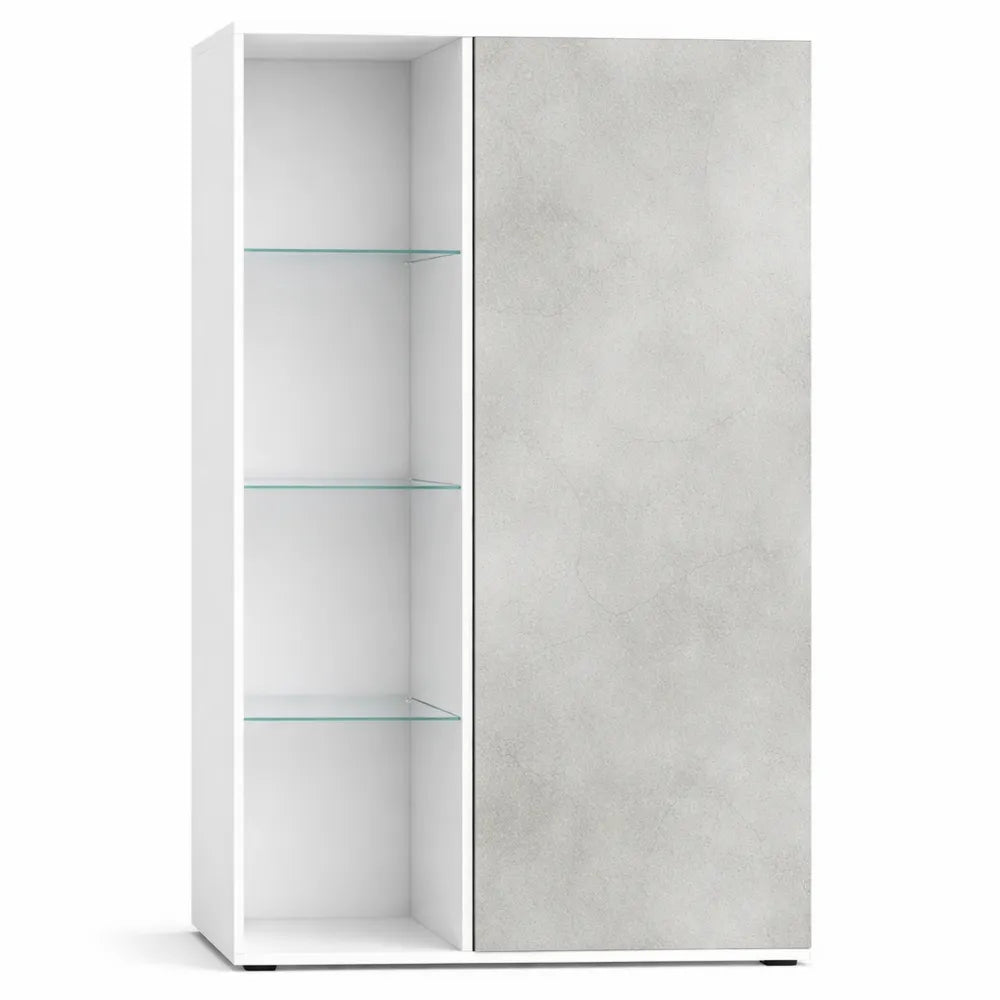 Vitrine sur Pied avec Étagères en Verre et Compartiments, Blanc Mat/Béton