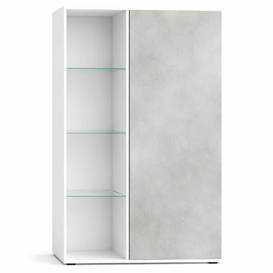 Vitrine sur Pied avec Étagères en Verre et Compartiments, Blanc Mat/Béton
