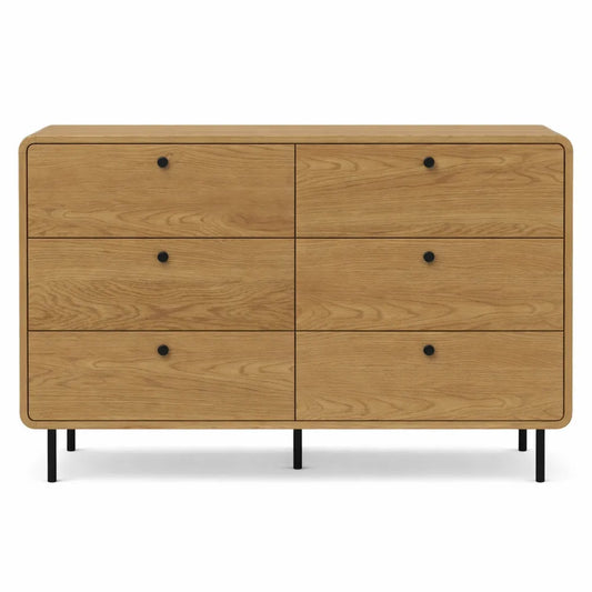 Commode 6 tiroirs moderne avec pieds en acier et poignées en bois, coin arrondis, pour chambre et salon
